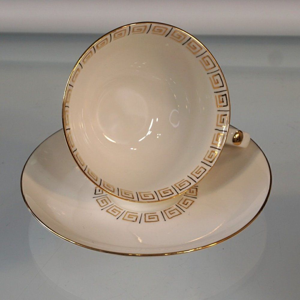 Euro Porcelain Tea Cup w Saucer Gilt Greek Key Border Pattern Signed Bone China